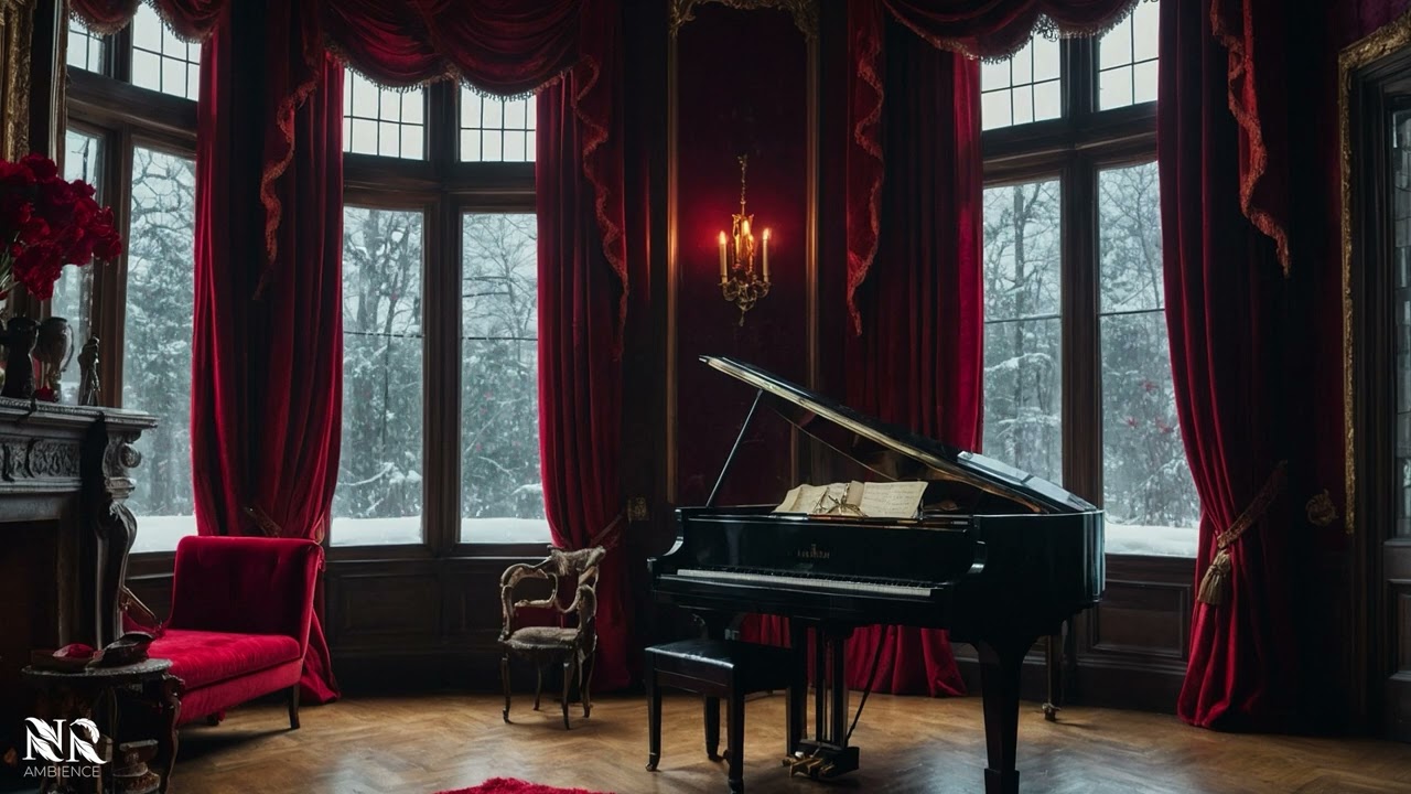 🖤 Dark Academia Piano Music in a Gothic Manor | Fireplace & Gentle Wind Sounds ❄️