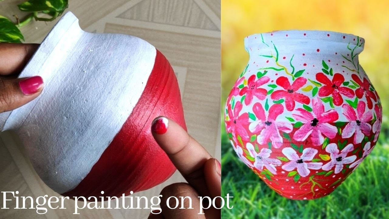 Beautiful Red and White colour Pot Painting Technique with Finger || Easy Pot Painting idea