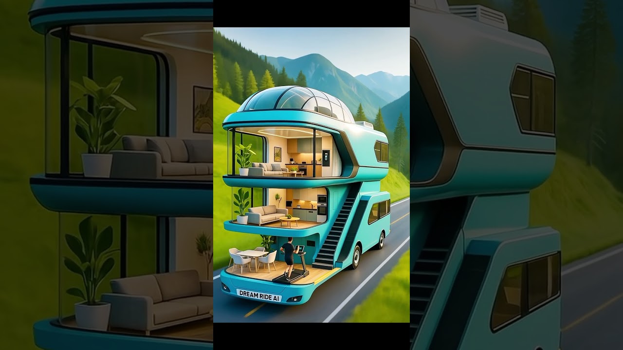 A futuristic turquoise multi-level motorhome labeled DREAM RIDE AI #DreamRideAi