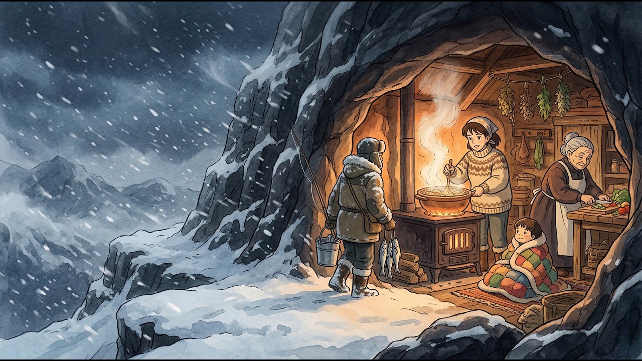 Surviving A Snowstorm In A Secret Ridge Cave Cabin – Ice Hole Fishing & Spicy Hotpot | Ghibli Style