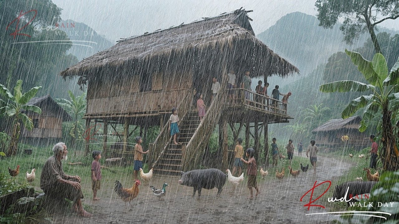 HEAVY RAIN FALLS FROM THE HEAVENLY SKY, HITTING THE LIFE OF A RELAXING ASIAN VILLAGE.