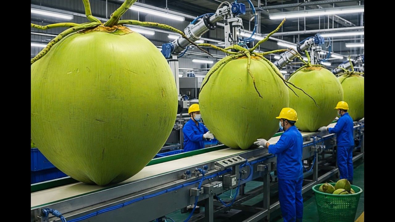 Inside a modern coconut processing plant: from fresh coconuts to premium coconut products.