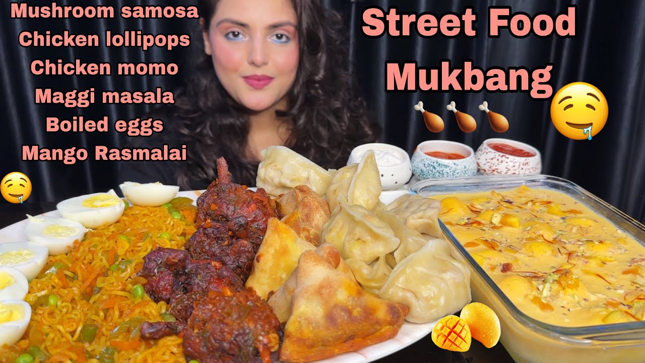 Eating Indian Street Food: Mushroom Samosa, Chicken Lollipop, Momo, Maggi, Boiled Egg, Rasmalai-ASMR