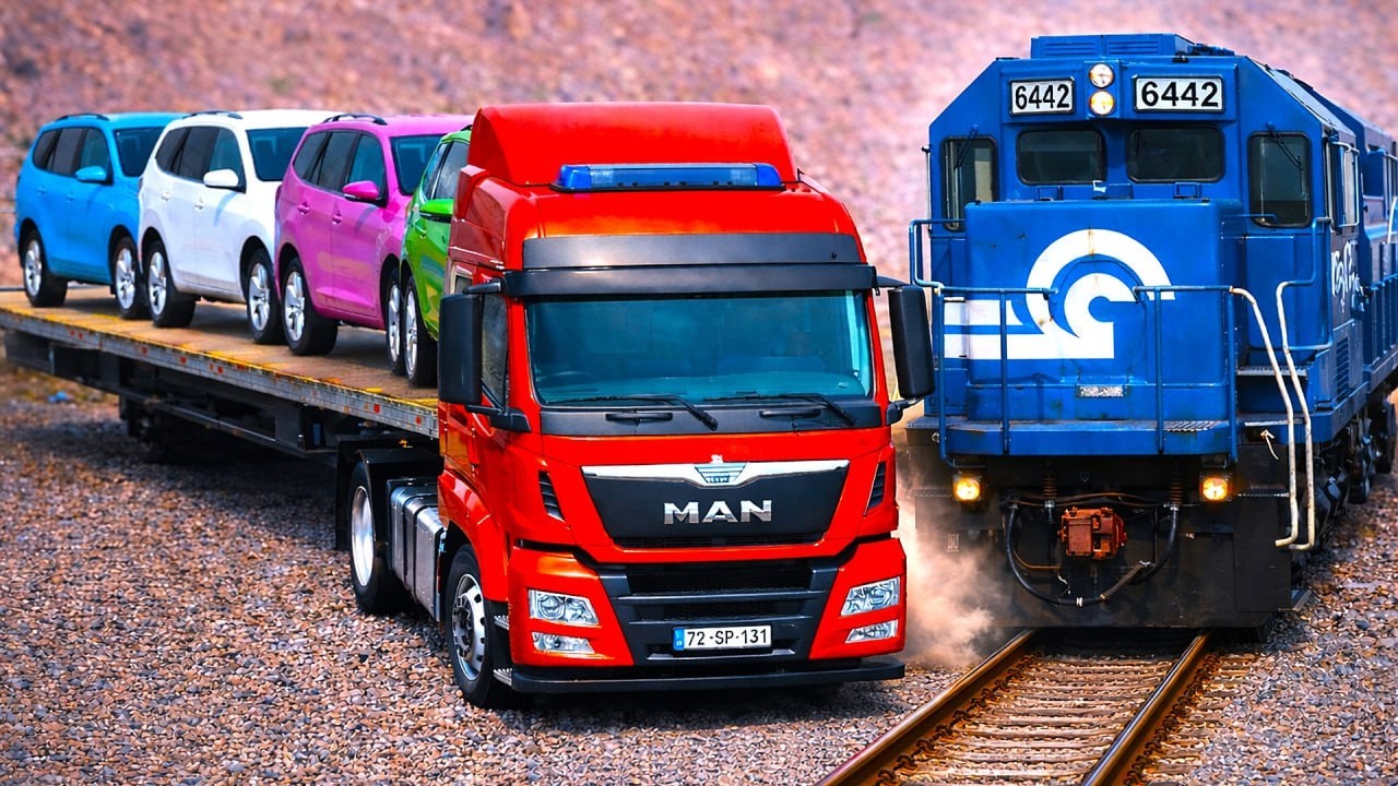 Double Flatbed Trailer Chaos: Loaded Cars vs Train on Rails & Steel Bollards | BeamNG