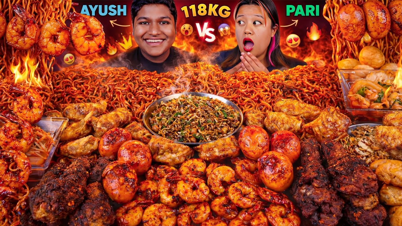 SPICY MUKBANG CHALLENGE WITH AYUSH RISHAL 🔥 Spicy Noodles, Prawn, Panipuri, Chatpatey & Leg Piece 