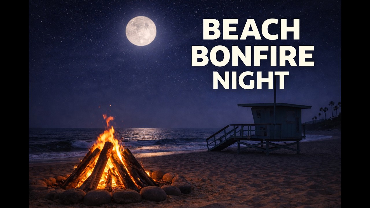 🌊🔥 Sunset to Moonrise on a California Beach — Real Ocean Waves & Fire Sounds (2 Hours)