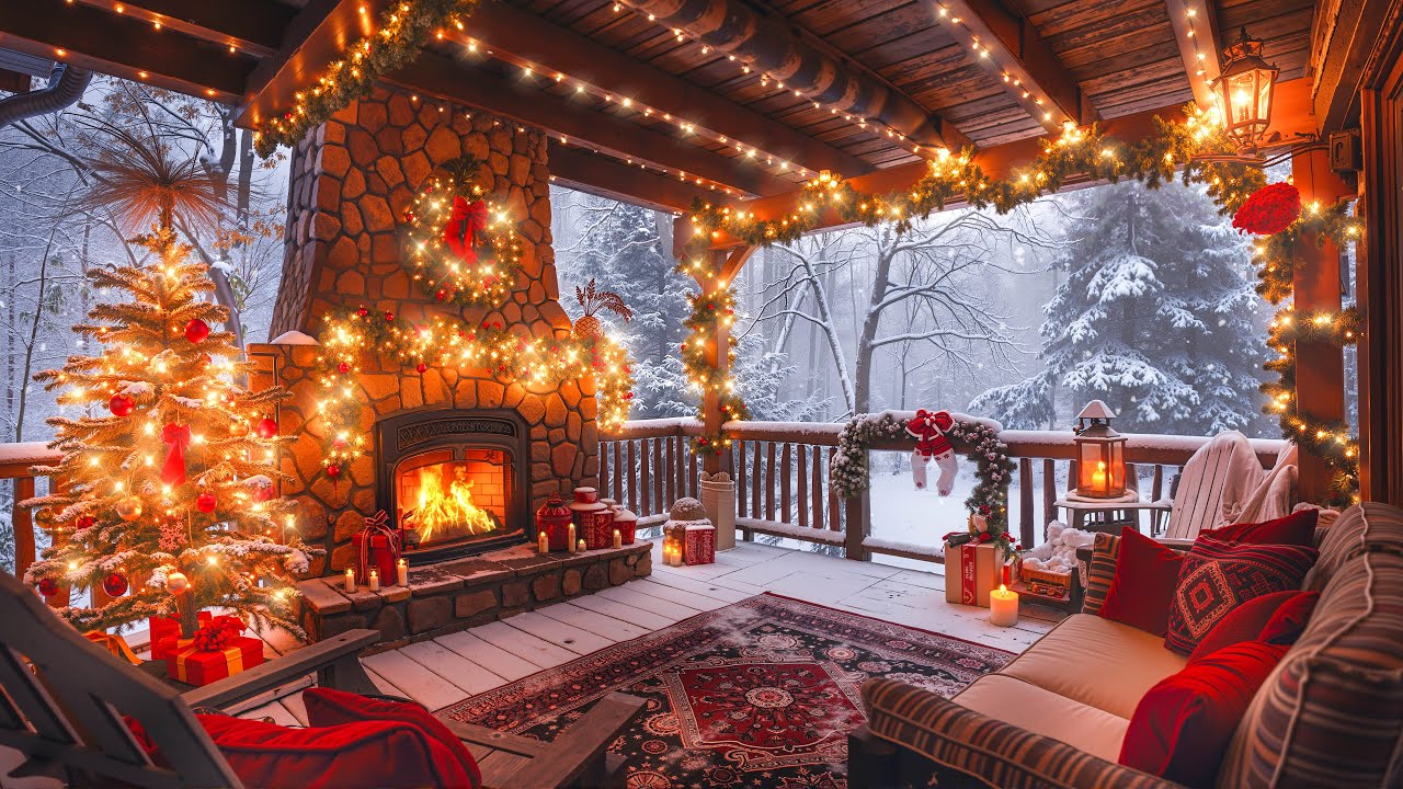 ❄ Warm Balcony in Christmas Forest on Snowing Day 🎄🎅 Christmas Jazz 2025 & Cozy Fireplace for Relax