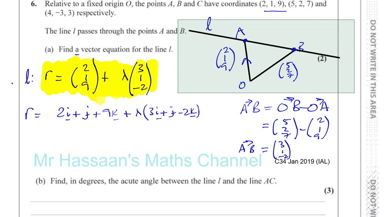 EDEXCEL IAL C34  JAN 2019 Q6a,b   Vector Equations of Lines, Angle between Vectors