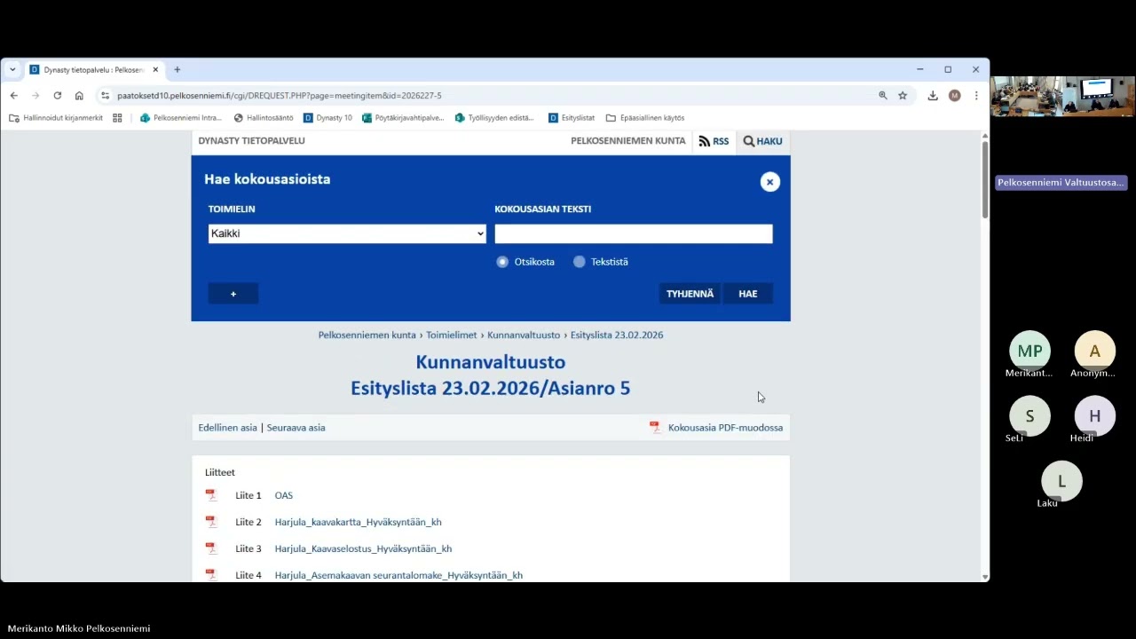 Pelkosenniemen kunnanvaltuuston kokous 23 2 2026 kokouksen tallenne