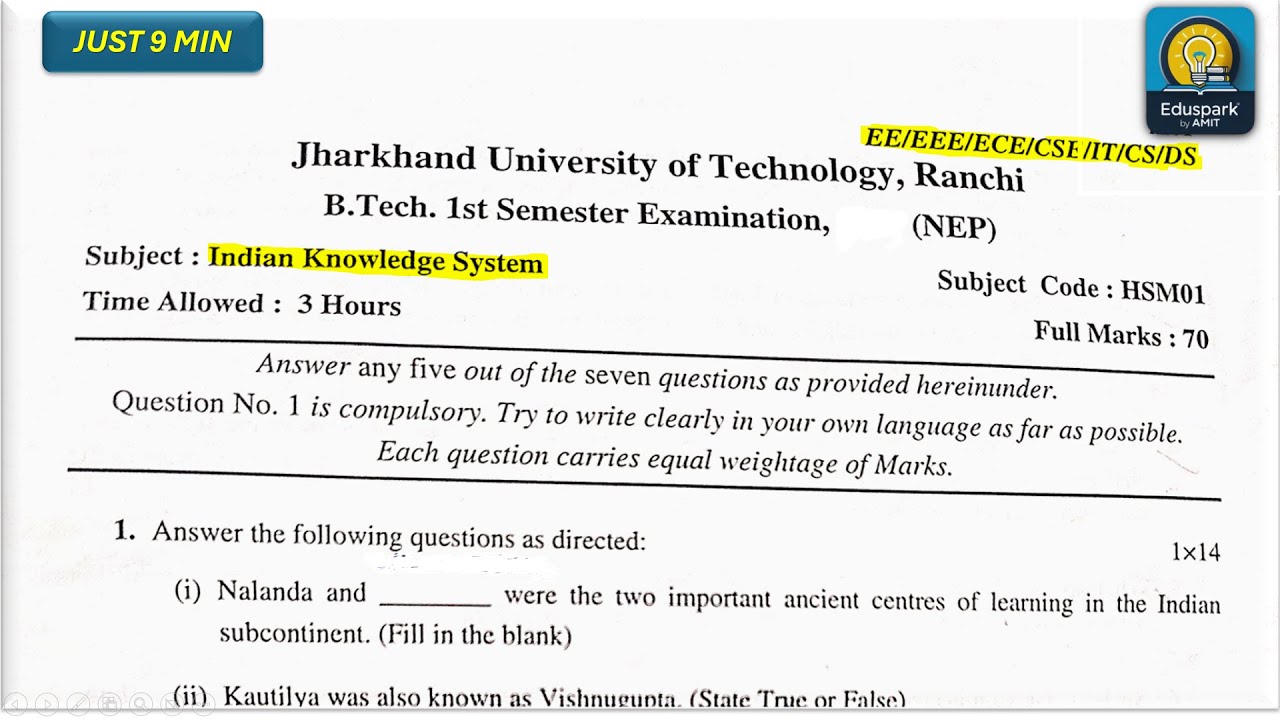 IKS Previous Year Question Paper (Solved) | JUT Ranchi B.Tech 1st Year | Indian Knowledge System