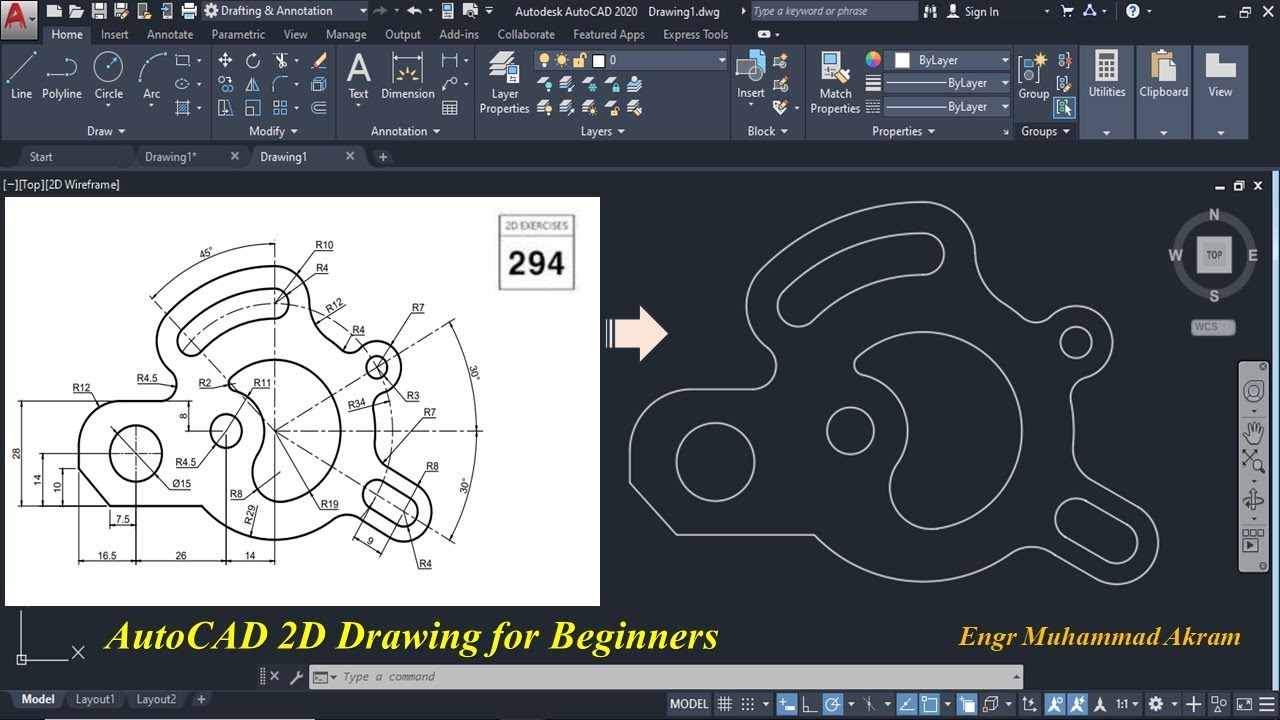 autocad 2d exercise 294 drawing tutorial | practice, exercise drawing related with engineering field