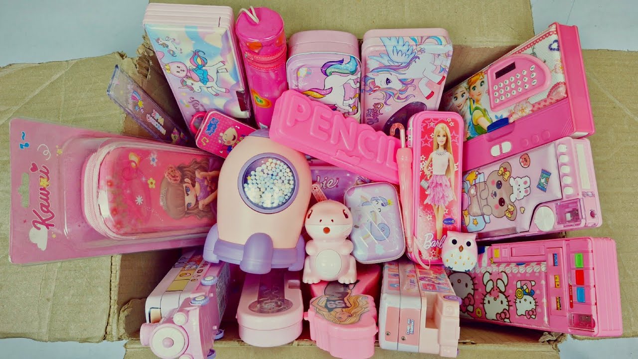 Unicorn & pink stationery item ASMR - pencil box, eraser, sharpners, colour pencils, pouches