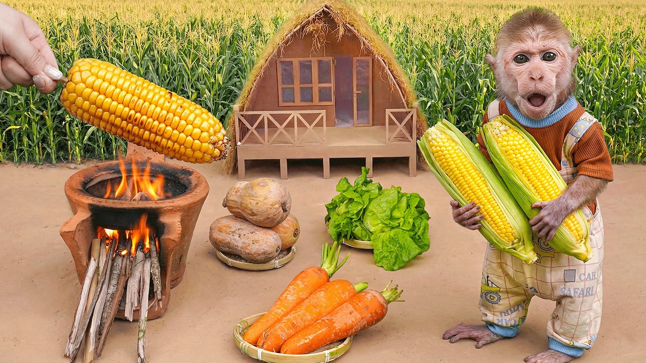 Monkey Xuka gardens with her sister and harvests corn to cook delicious roasted corn!