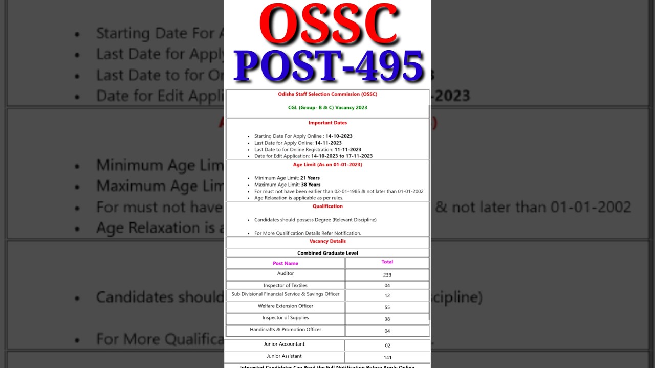 OSSC CGL (Group B & C) Recruitment 2023 &ndash; Apply Online for 495 Posts#ossc #recruitment