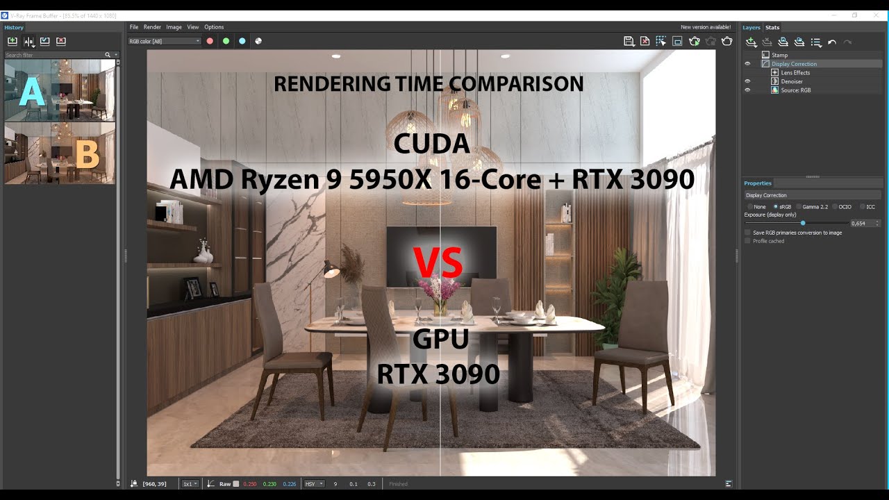 VRay 5 Rendering time comparison. -  GeForce RTX 3090 VS AMD Ryzen 9 5950X 16-Core + RTX 3090