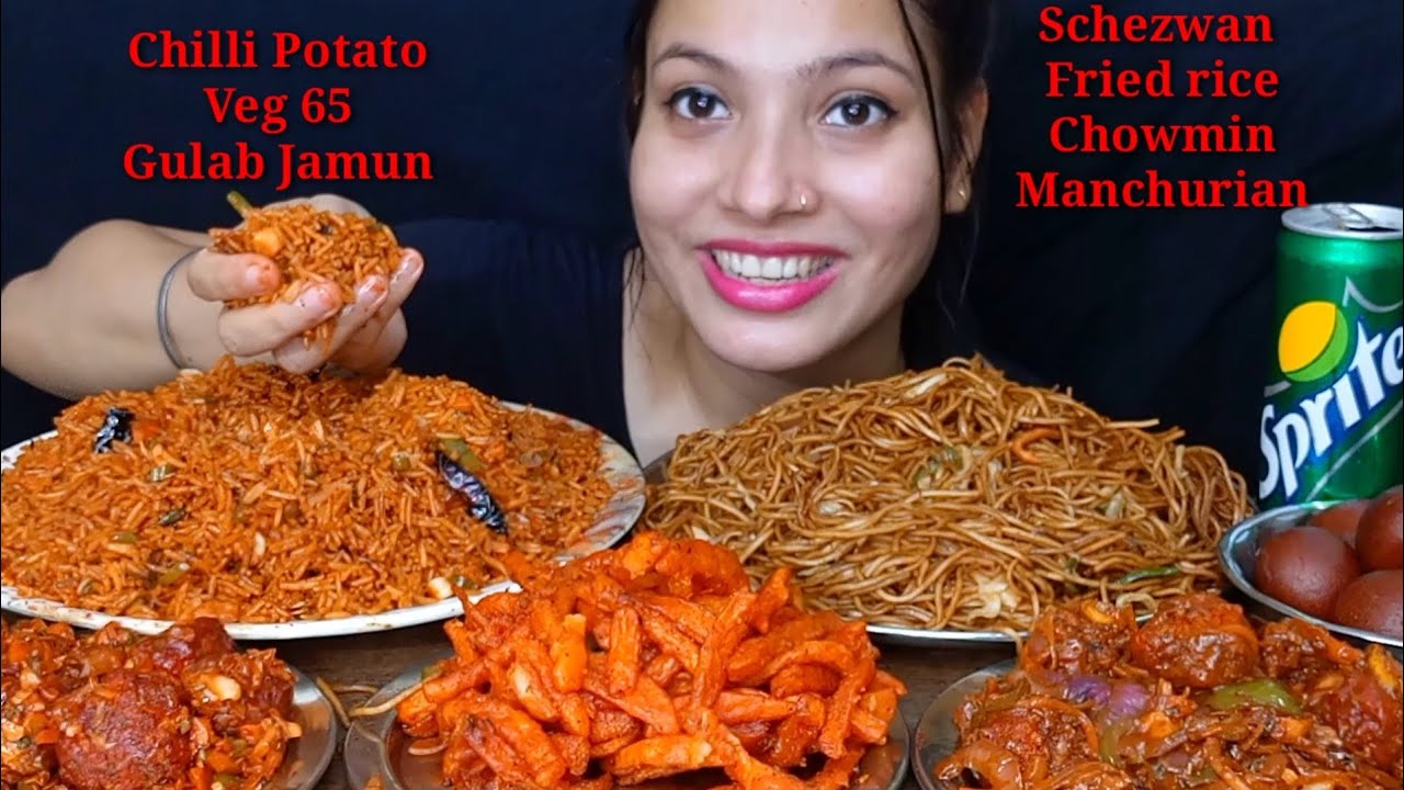 Eating Spicy 🔥 Schezwan Fried Rice, Chowmin, Chilli Potato, Manchurian, Veg 65, Gulab Jamun Mukbang