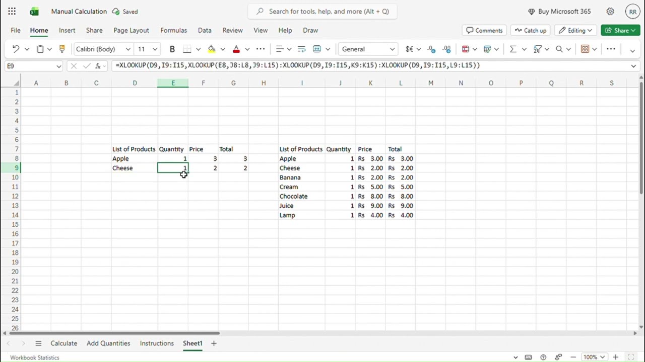 Manual List of Items Calculation with XLOOKUP (Mimics Software Calculation).