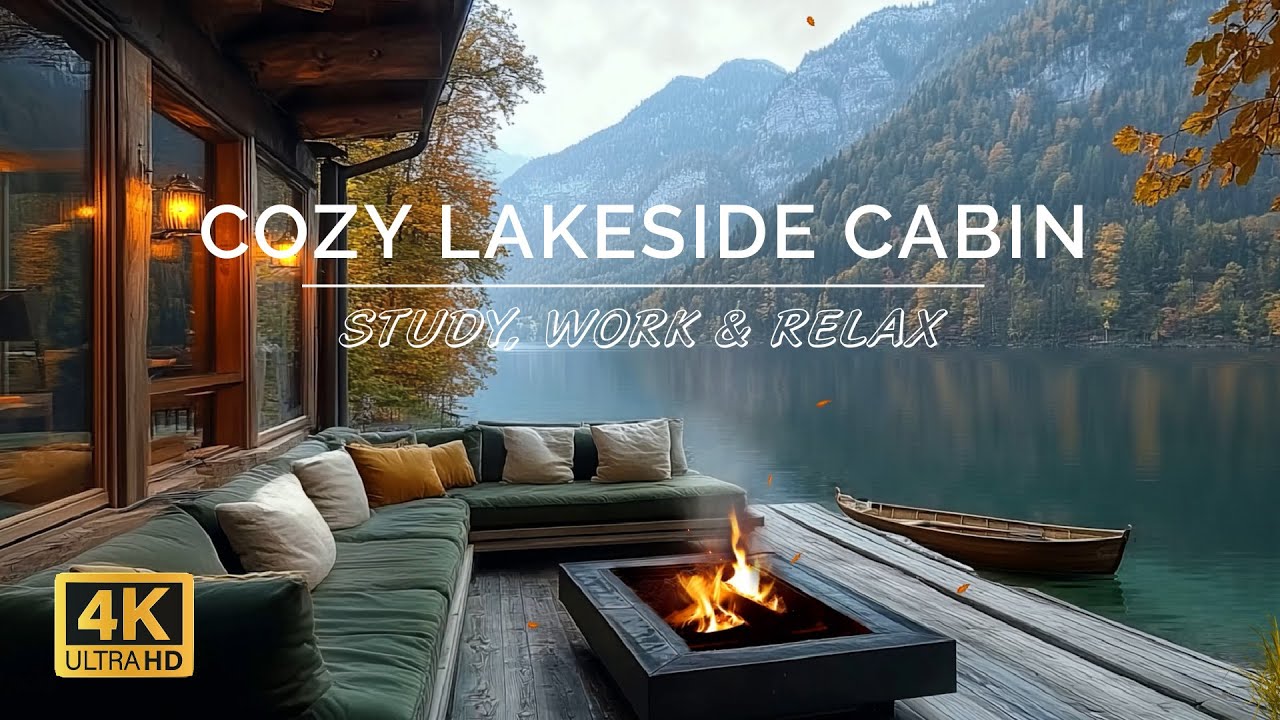 Cozy Lakeside Cabin in Fall 🍂🎄 Jazz Music Background, Fireplace Sound for Study, Work & Relax
