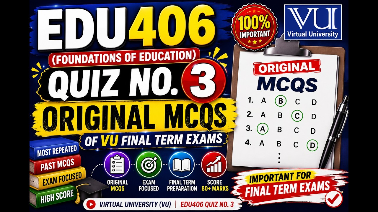 EDU406 Quiz No. 3 Original MCQs | Most Repeated Questions for VU Final Term Exams 2026