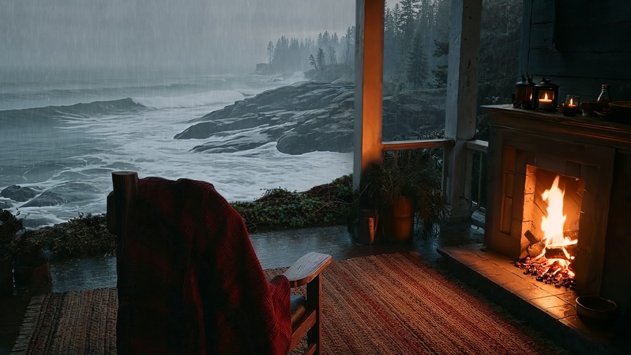 Идеальная атмосфера в морском домике | Потрескивающий огонь, проливной дождь и мощные волны