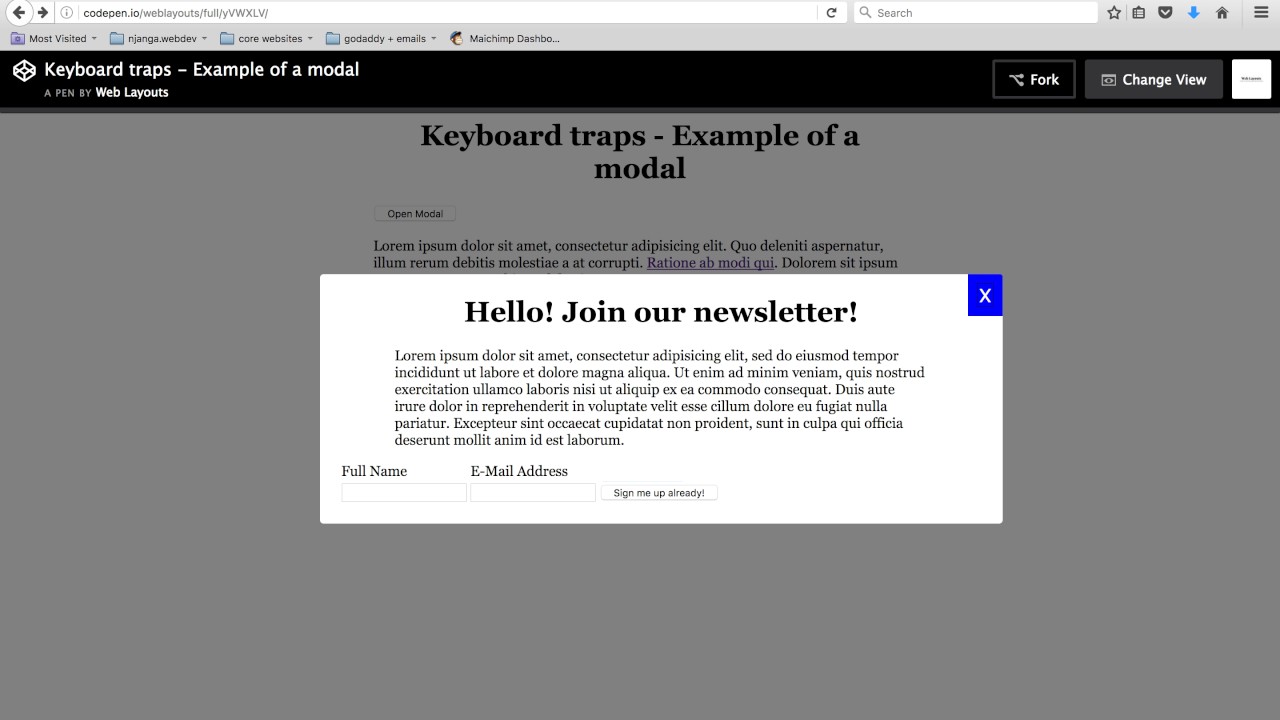Keyboard traps: Example of a modal