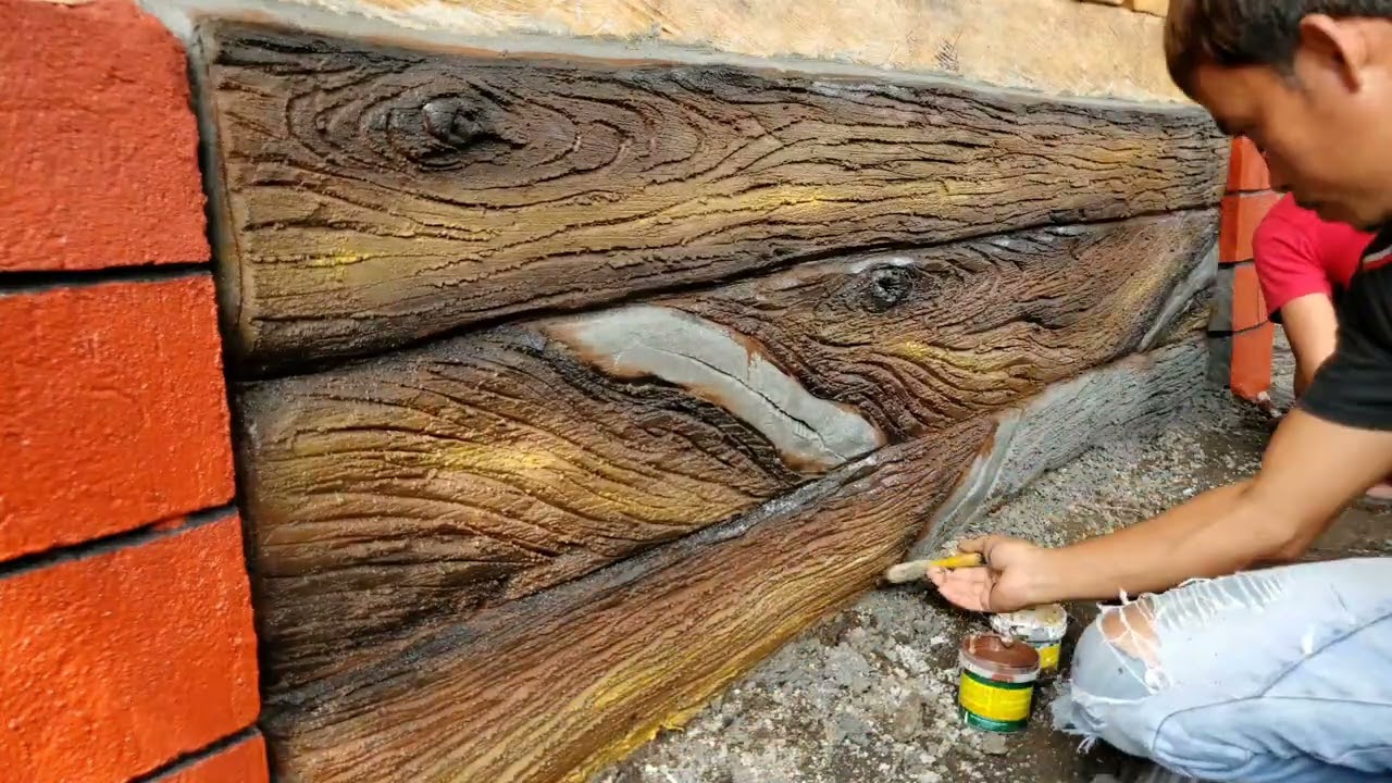 cement wall . painting into wood design.