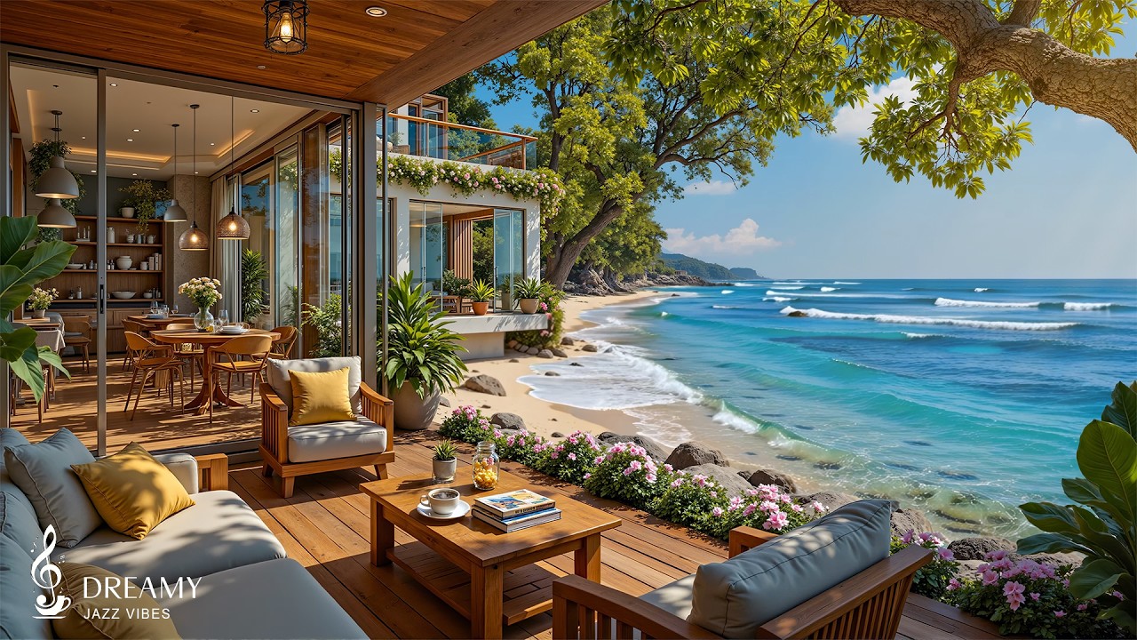 Gentle Jazz In A Seaside Café Terrace | Morning Jazz & Relaxing Ocean Sounds for Positive Energy