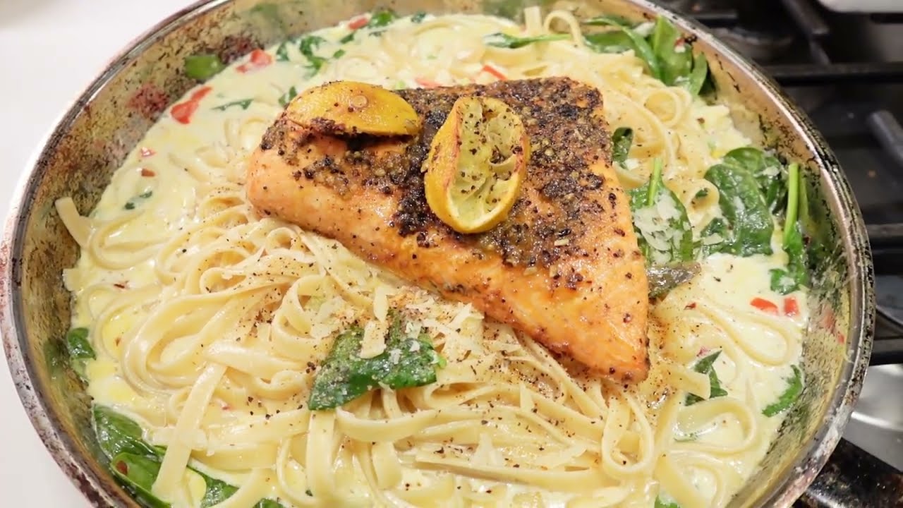 Fettuccini Parmesan with Baked Salmon & Spinach
