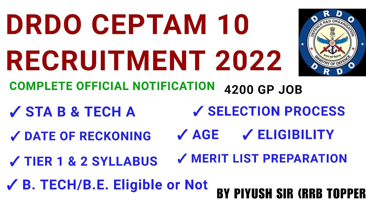 drdo ceptam 10 recruitment 2022/drdo ceptam 10 recruitment 2022 syllabus,eligibility,age limit