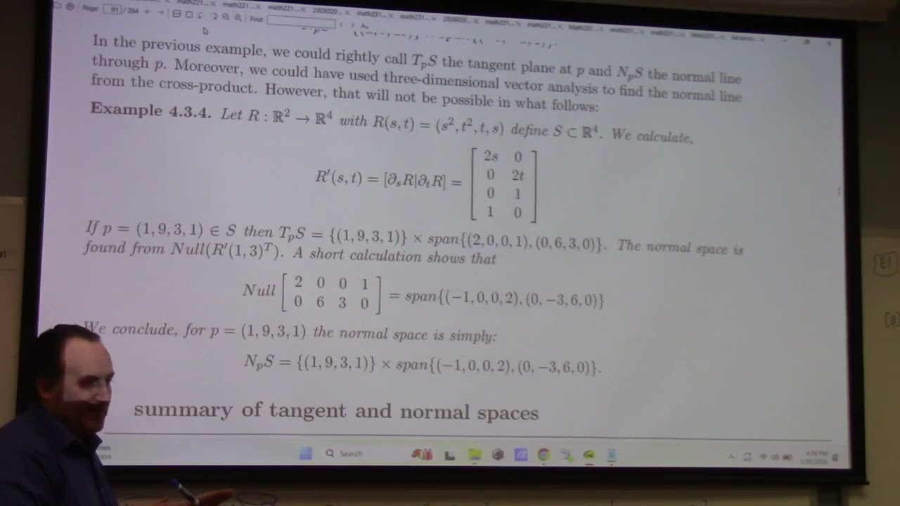 Advanced Calculus: Tangent Space and Normal Space to k-manifold in Rn, 2-10-26 part 2
