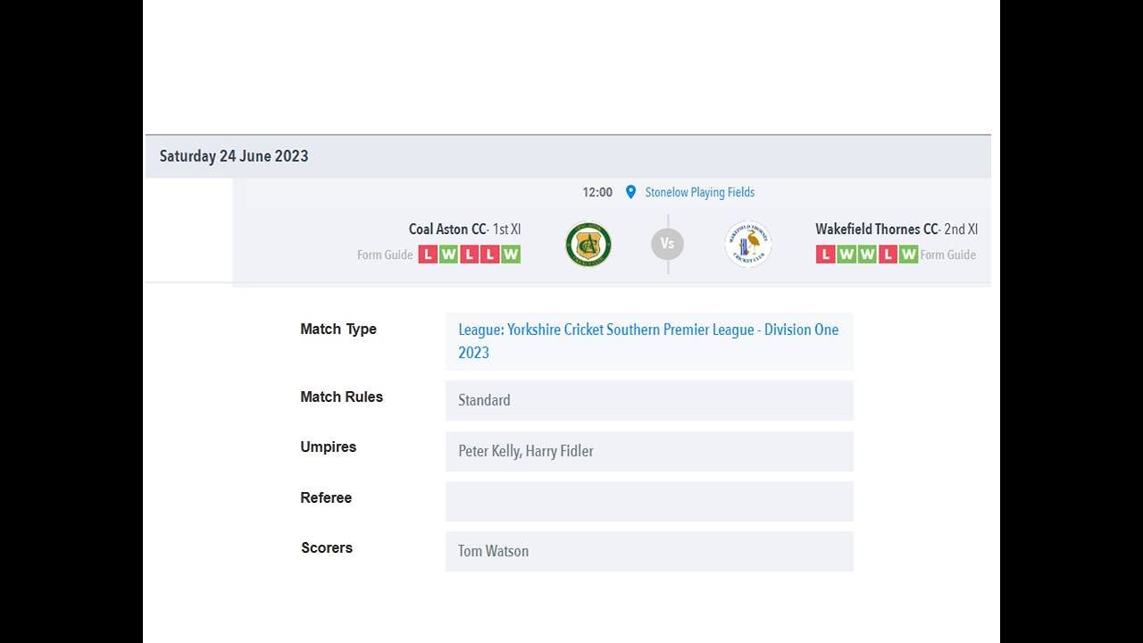 Coal Aston CC 1st XI vs Wakefield Thornes CC 2nd XI 24/6/2023