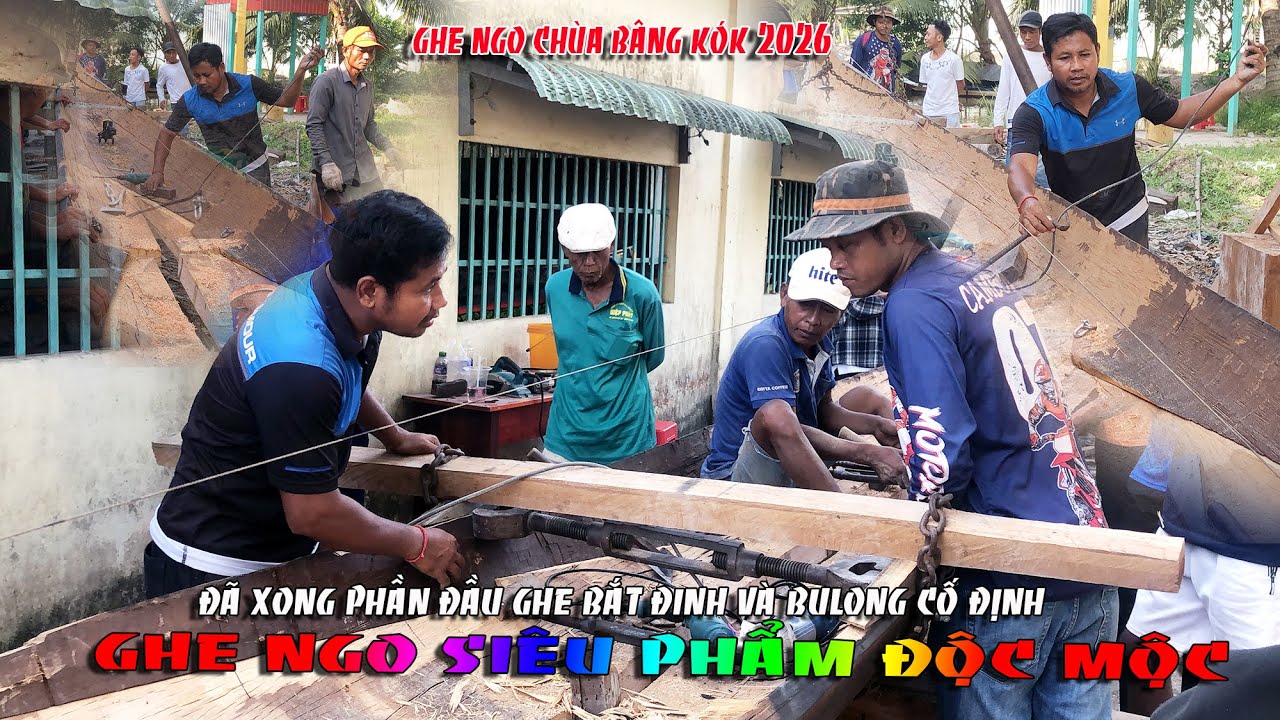 GHE ĐỘC MỘC CHÙA BÂNG KÓK  ĐÃ BẮT BULONG CỐ ĐỊNH PHẦN ĐẦU GHE CHUẨN BỊ LÊN LÁ GHE