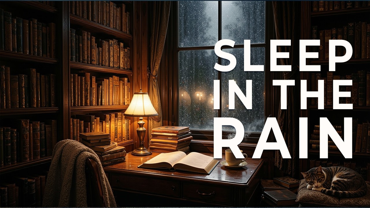 Soft Rain & Lo-Fi Beats in a Warm Library | Fireplace Ambience for Relaxation