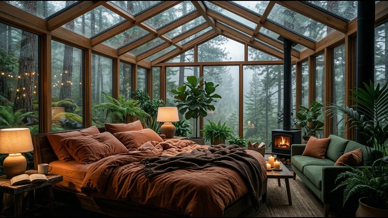Cozy Cabin Jazz & Rain 🌧️ Crackling Fireplace in Spring Forest for Deep Focus & Relax