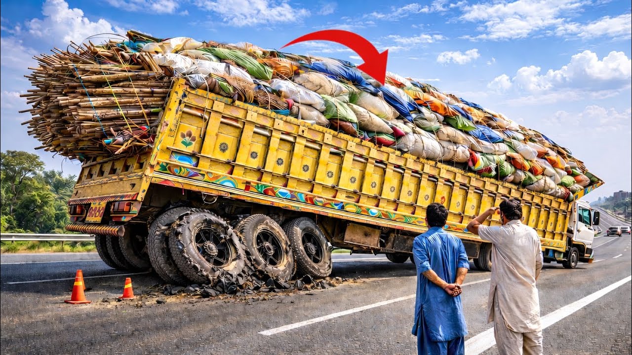Overloaded Truck in Trouble! Tilts After Tyres Collapse 😱🚛