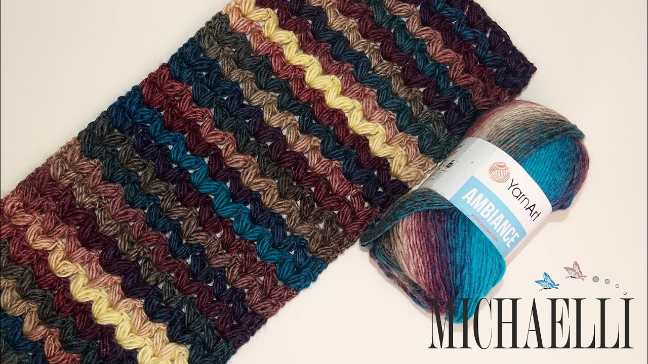 Crochet Puff V-Stitch Stitch Tutorial - only one row repeat. Crochet Scarf 4K