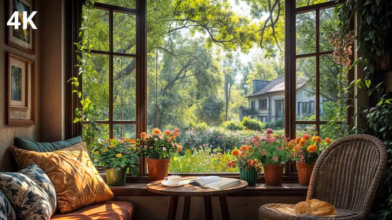 4K Open Window View &ndash; Peaceful Forest Garden, Birdsong, Book & Cozy Ambience for Relaxation