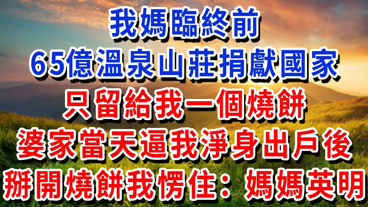 我媽臨終前，65億溫泉山莊捐獻國家，只留給我一個燒餅，婆家當天逼我淨身出戶後，我掰開燒餅呆住了：媽，還是您有遠見！#書婷講故事 #為人處世#生活經驗#情感故事#晚年哲理#說故事#完結文