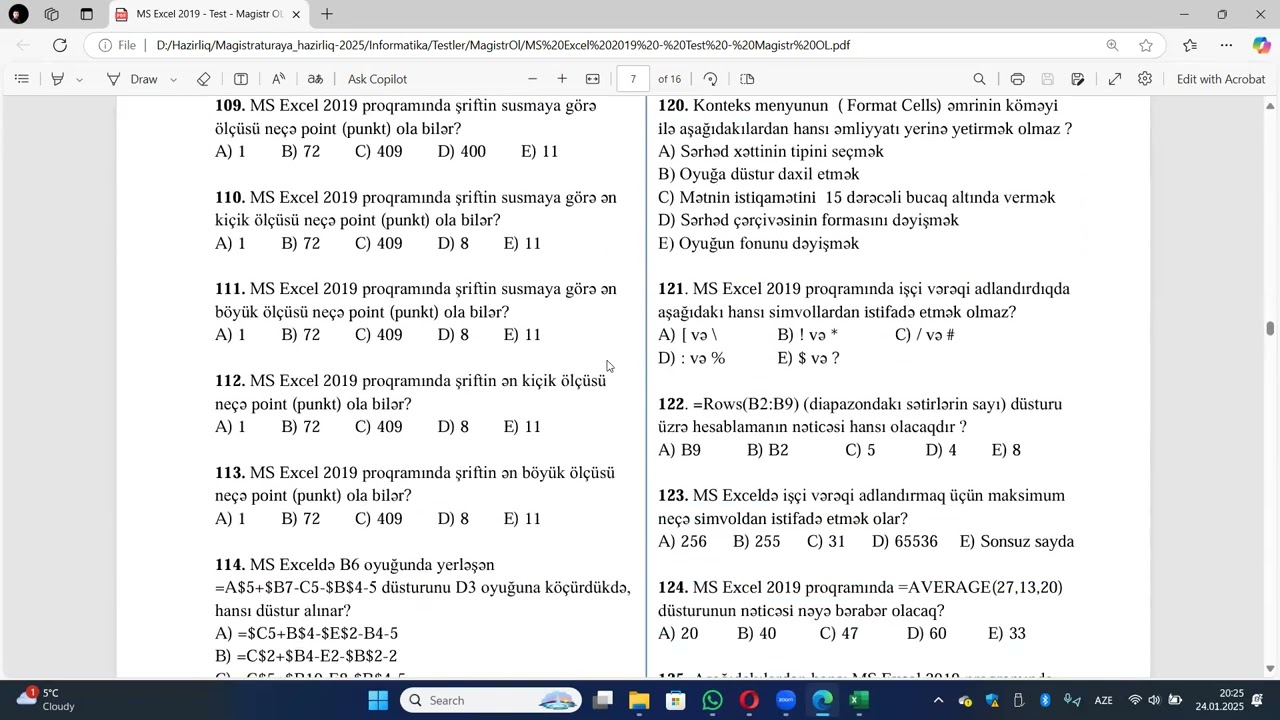 MS Excel 2019 test izahları (Magistr Ol test bankından)