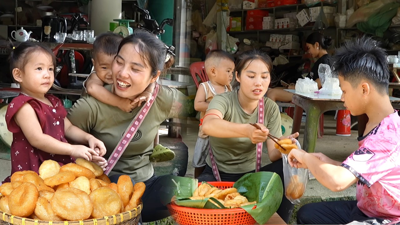 Sweet rice donuts making process for sale – Enjoying crispy fried cakes with my kids Nhi & Khoi