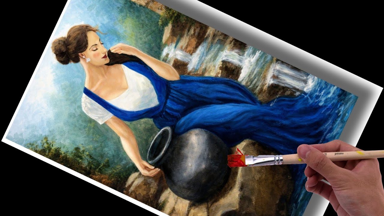 Simple way to paint  with acrylic 🎨 | Elegant women by the waterall | step by step✨