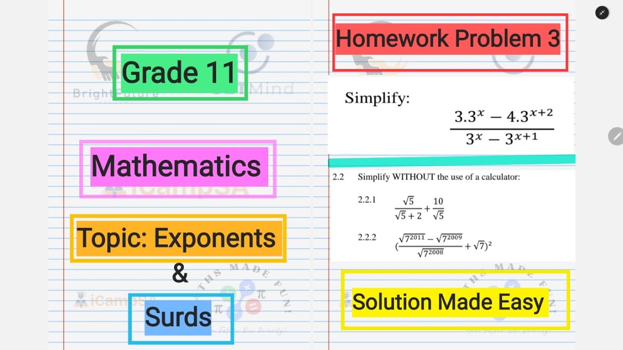 Grade 11 Mathematics: Exponents & Surds Homework 3 Solutions (Step-by-Step) | iCampSA