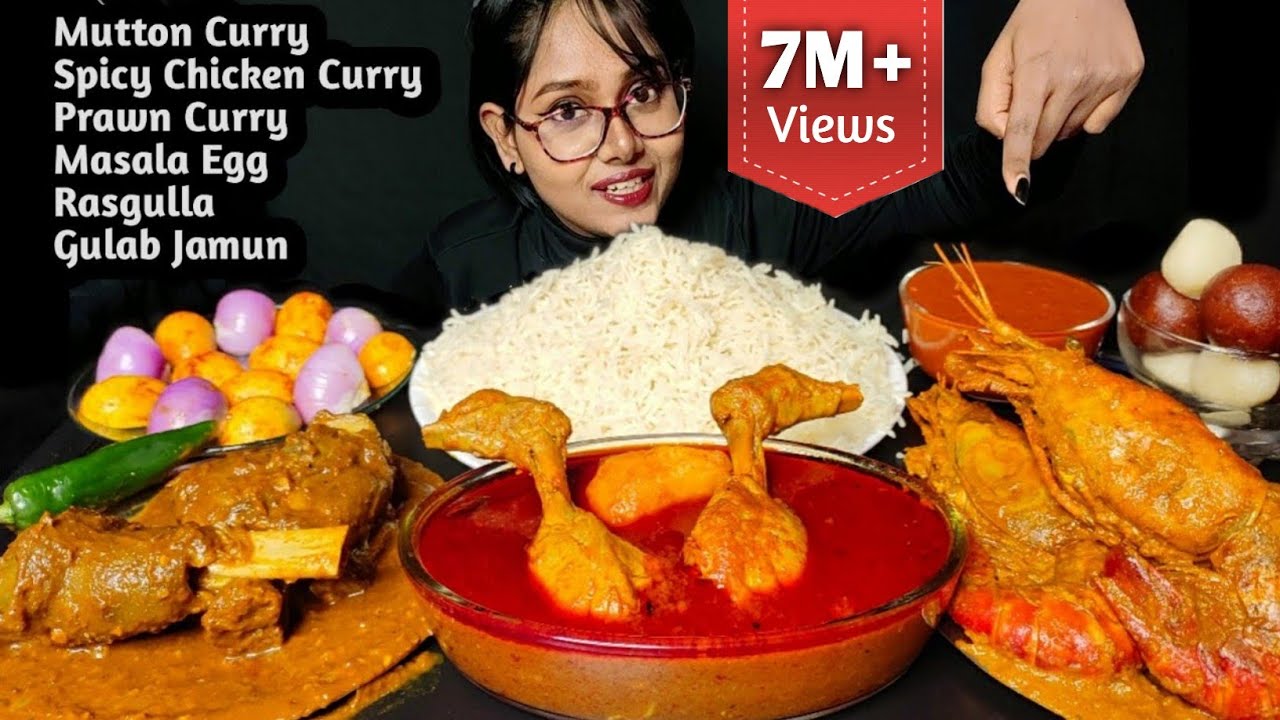 Eating Spicy Chicken Curry, Prawn Curry, Mutton Curry, Masala Egg | Big Bites | Messy Eating