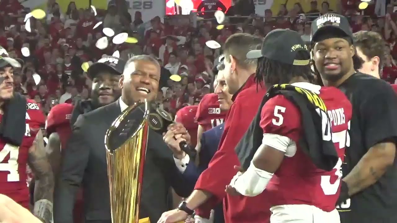 Indiana's national championship celebration and reaction on the field after CFP title game.