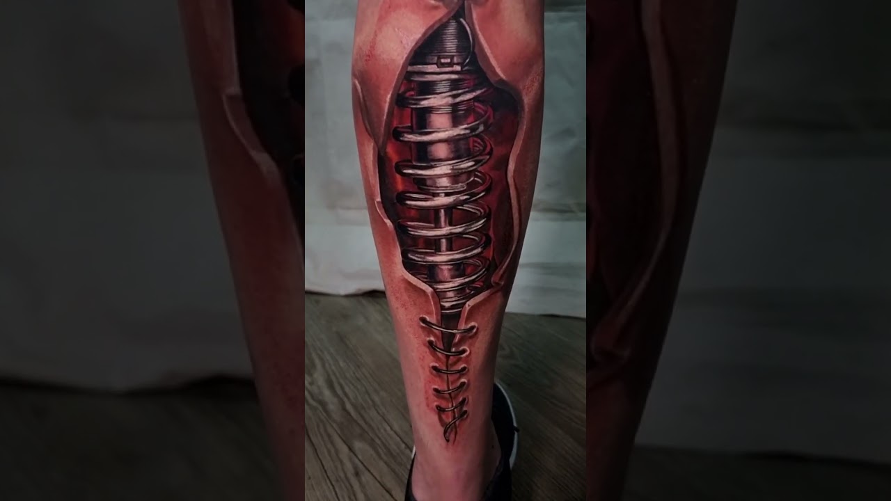 Start and finish. Biomechanical Spring 3d ralistic tattoo with ripped skin and stitches. #shorts