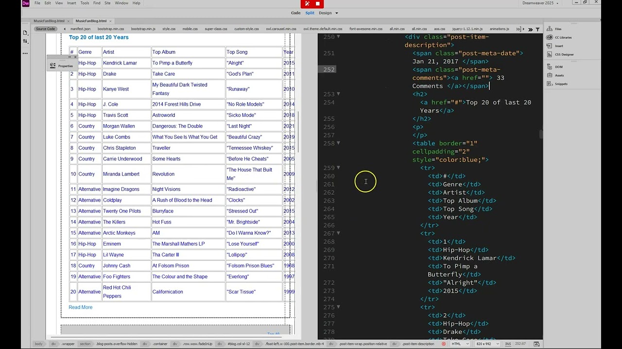 Music Table Formatting Dreamweaver