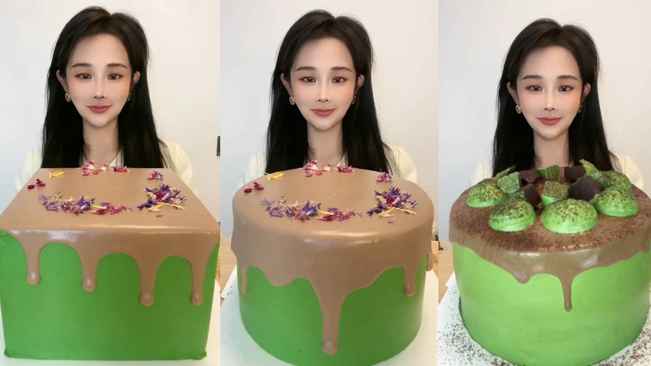 Asmr🍰Eating 🍰Indulge in Pure Bliss: This Green & Chocolate Drip Cake is a Slice of Heaven!