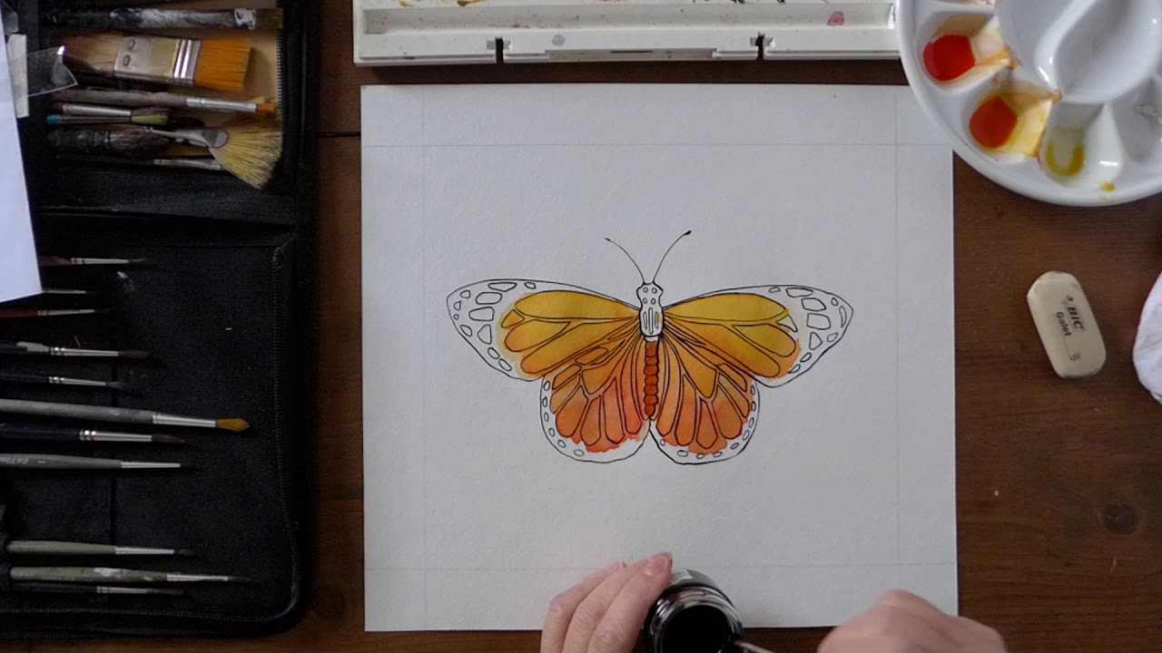 Débuter l'aquarelle : un papillon à l'aquarelle et à l'encre de Chine