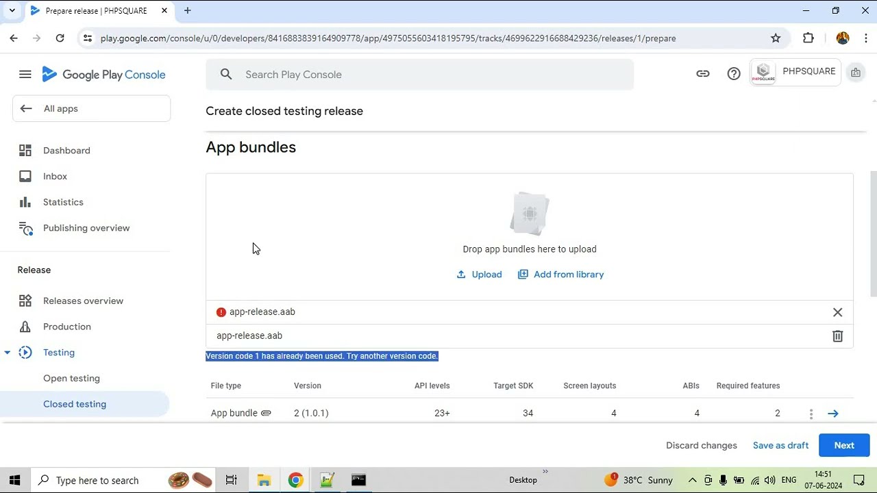 Version code 1 has already been used. Try another version code.