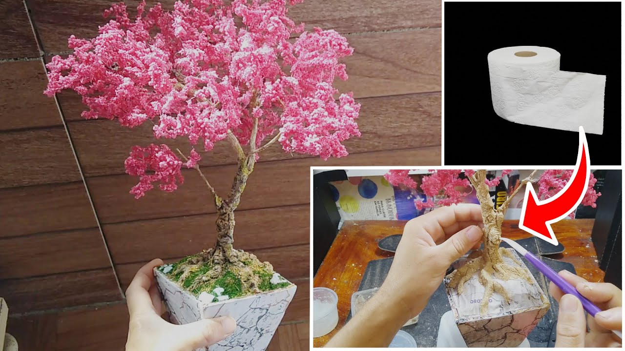 modelando tronco com massa de papel machê  -  árvore ipê rosa com flores de isopor part-4